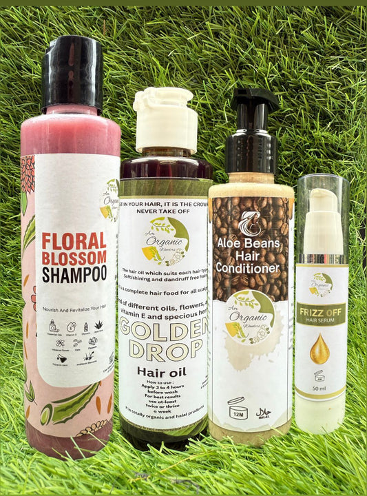 Deal 8 Floral blossom shampoo + aloe bean hair conditioner + golden drop hair oil + frizz off hair serum
